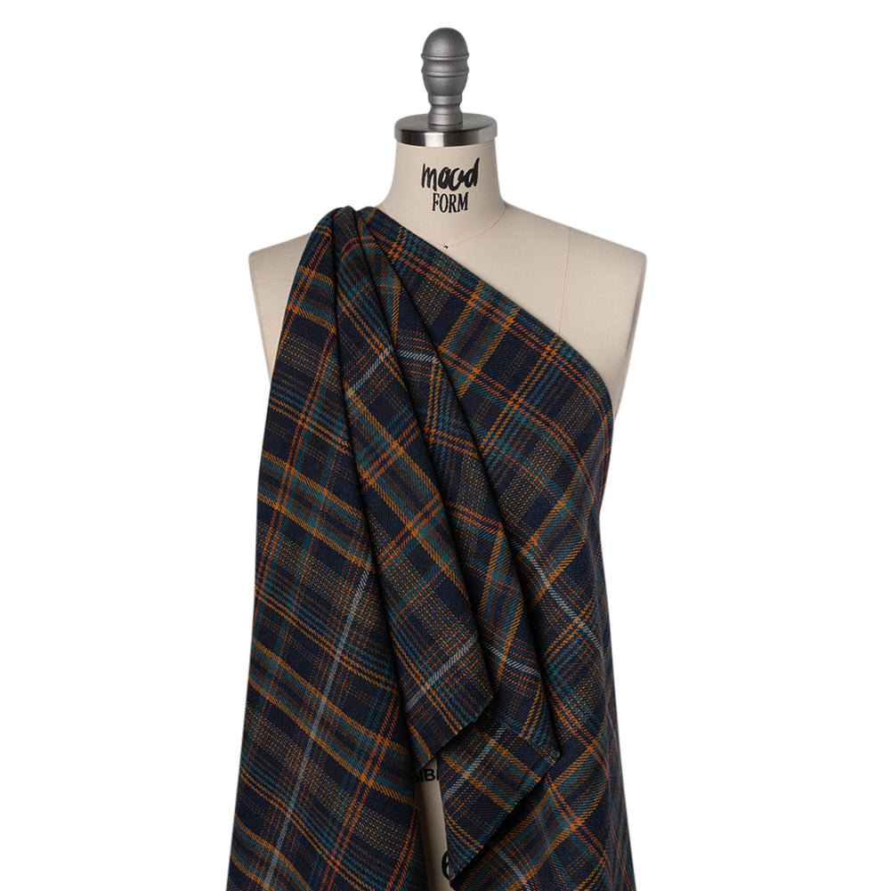 Wool Blend Tweedy Twill - Navy, Burnt Orange and Teal Blue Plaid - Joann Fabrics
