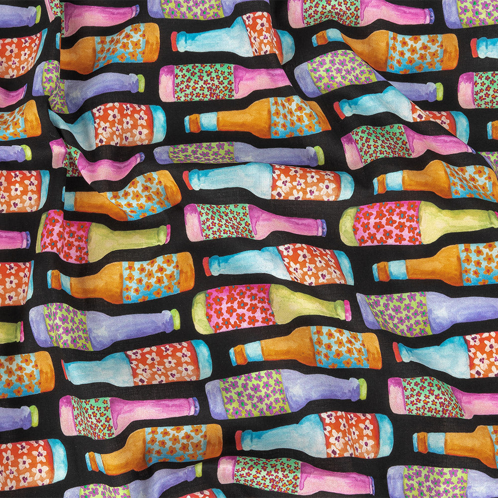 Cotton Voile - Rainbow Bottles on Black - Pop Bottle Parade Print - Mood Exclusive Sugar Collection - Joann Fabrics