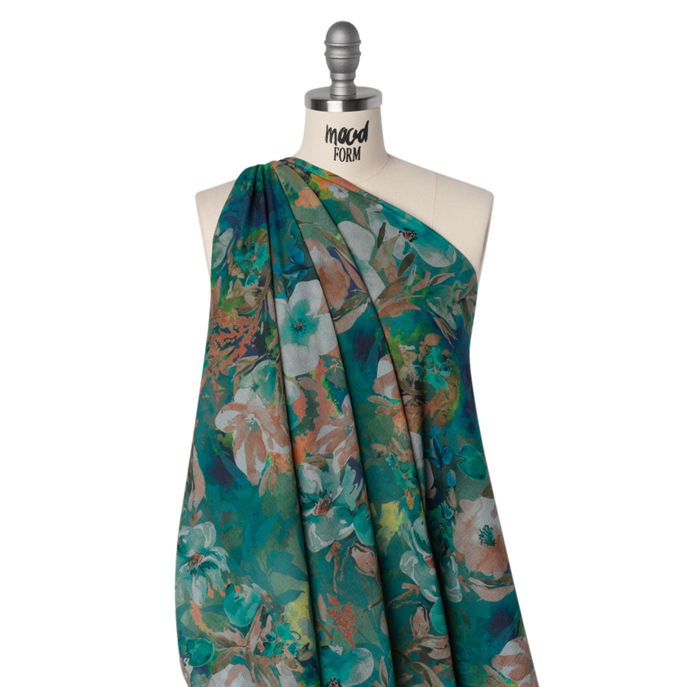 Crinkled Cotton Gauzy Woven - Teal, Tan and Blue Painterly Floral - Mood Exclusive Moonflower Mirage Print - Joann Fabrics