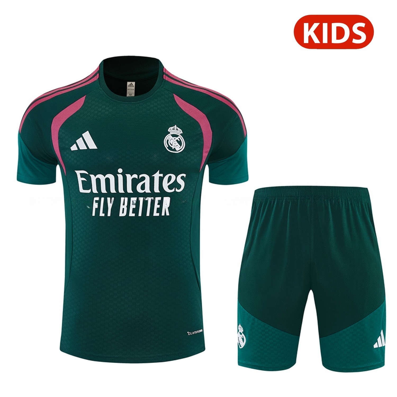 Real Madrid 26-27 Rose Red Stripes Kids Short-Sleeve Training Set - Dark Green Top & Dark Green Shorts - UnitedFutballJersey