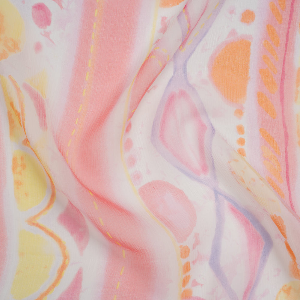 Crinkled Silk Chiffon Print - Pink, Pale Purple and Yellow Painterly Geometric Stripes - Deadstock - Joann Fabrics