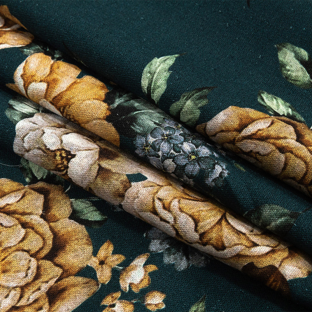 Linen and Rayon Woven - Teal and Orange Floral - Peony Prowess Print - Mood Exclusive Tumunyana Collection - Joann Fabrics