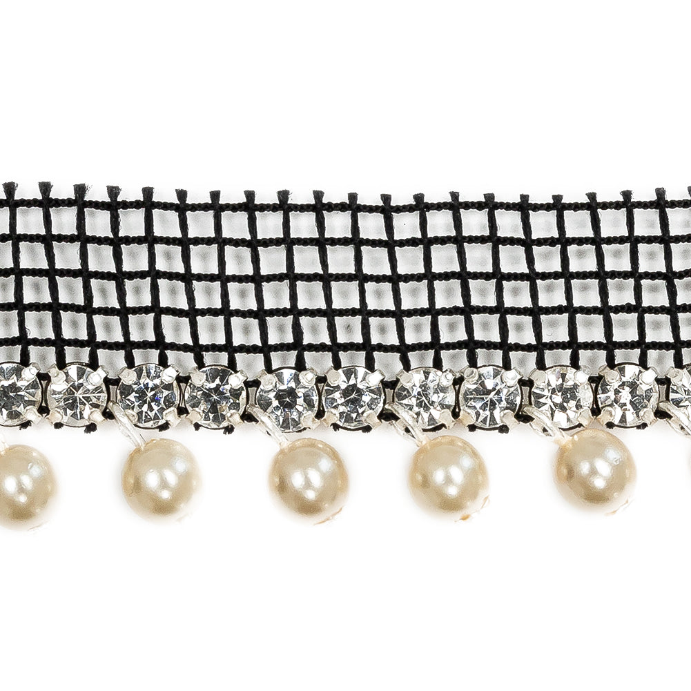 Vintage Crystal and Silver 1 Row Circular Rhinestone Trimming on Black Mesh with Faux Pearl Fringe - 1