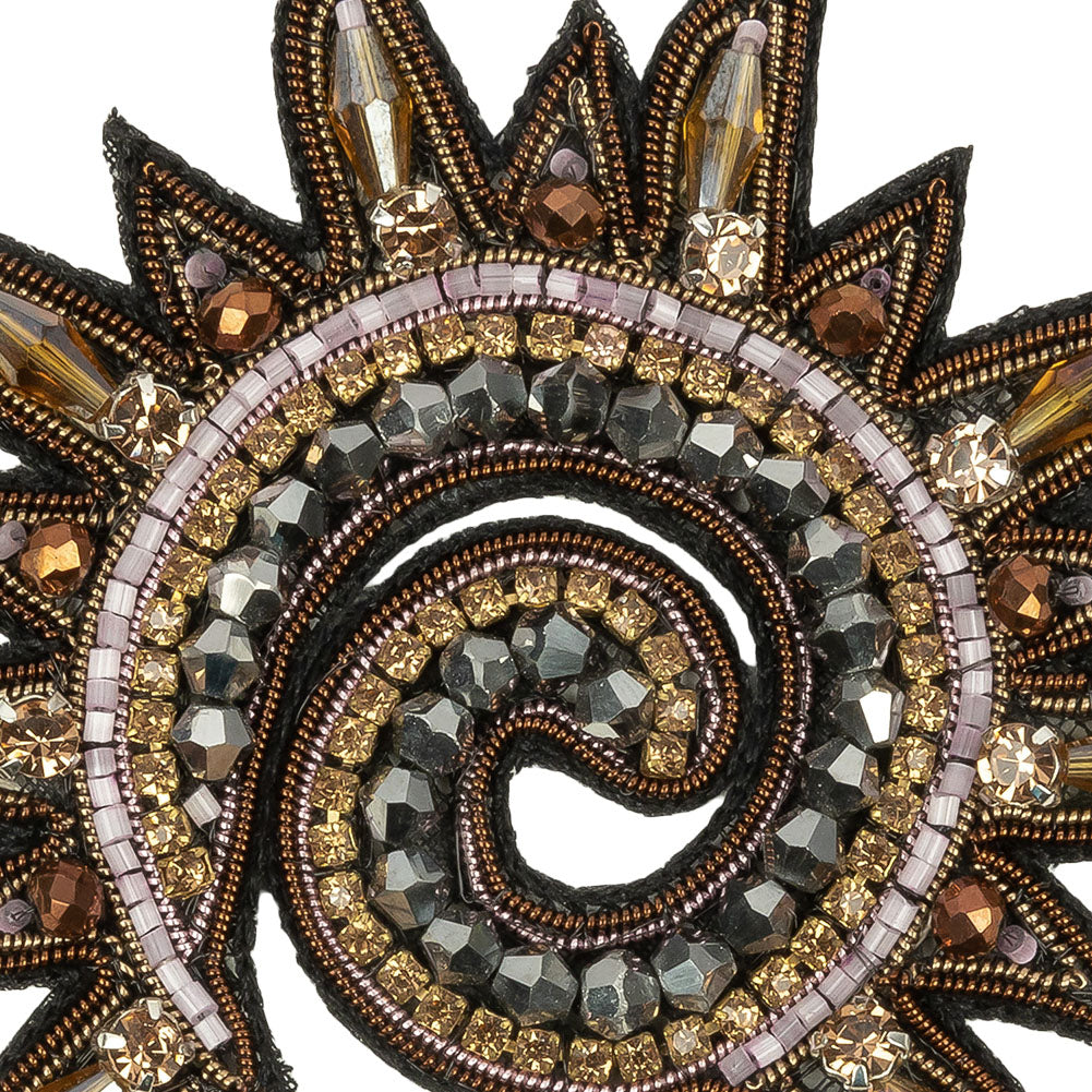 Lilac and Amber Sun Swirl Rhinestones and Glass Beaded Applique - 3.5