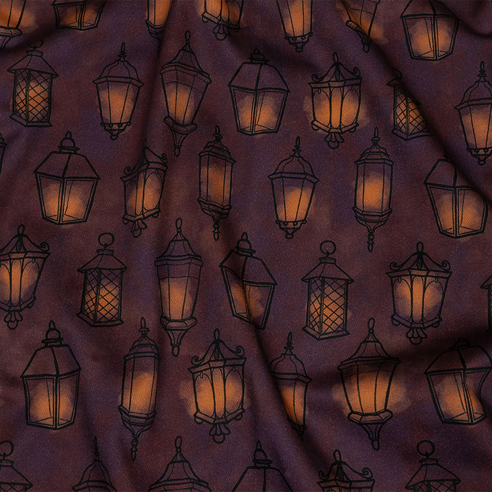 Stretch Cotton Sateen - Purple Lanterns - By Lantern Light Print - Mood Exclusive Jack-O-Lantern Collection - Joann Fabrics