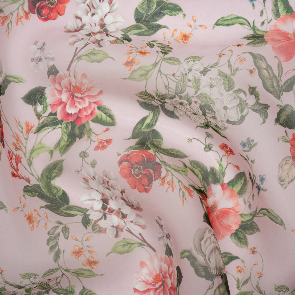 Silk Organza Print Made in Italy - Baby Pink, Coral and Green Floral - Deadstock - Joann Fabrics