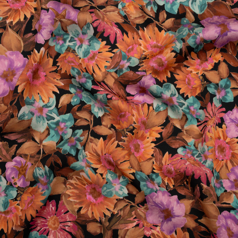 Rayon Challis - Brown, Purple and Blue Green Painted Flowers - Mood Exclusive Watercolor Wonderland Print - Joann Fabrics