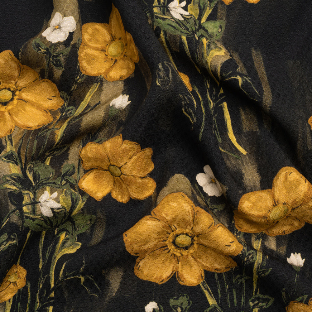 Sustainable Viscose Floral Jacquard Print - Dark Yellow, Olive Green and Black Floral - Mood Exclusive Marsh Song - Joann Fabrics