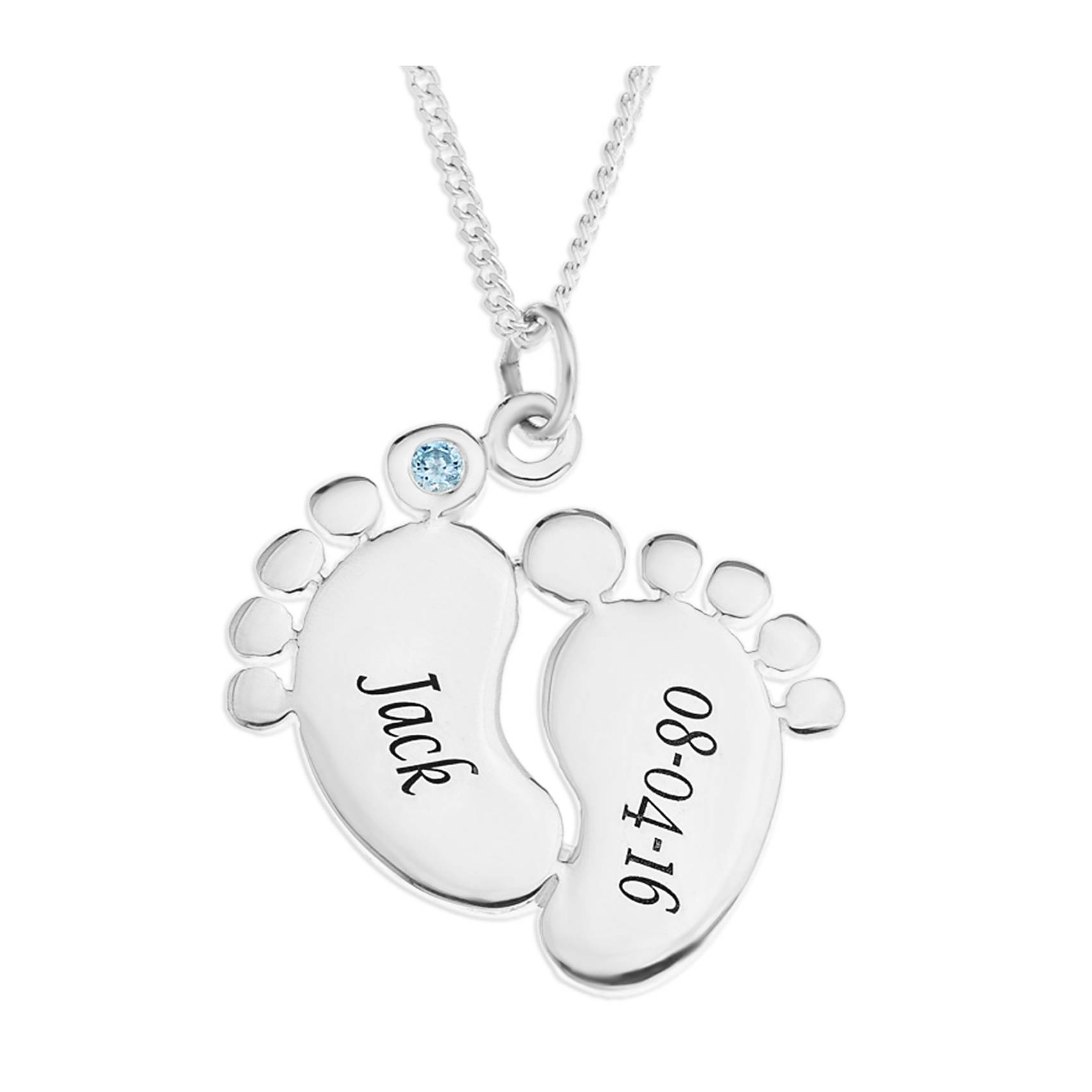 Personalized Sterling Baby Boy Name & Birthdate, Blue Crystal Pendant, 18in. Chain - Northstyle Catalog