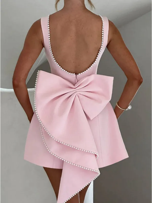 Pearl Bow Slim Backless A-Line Short Dress