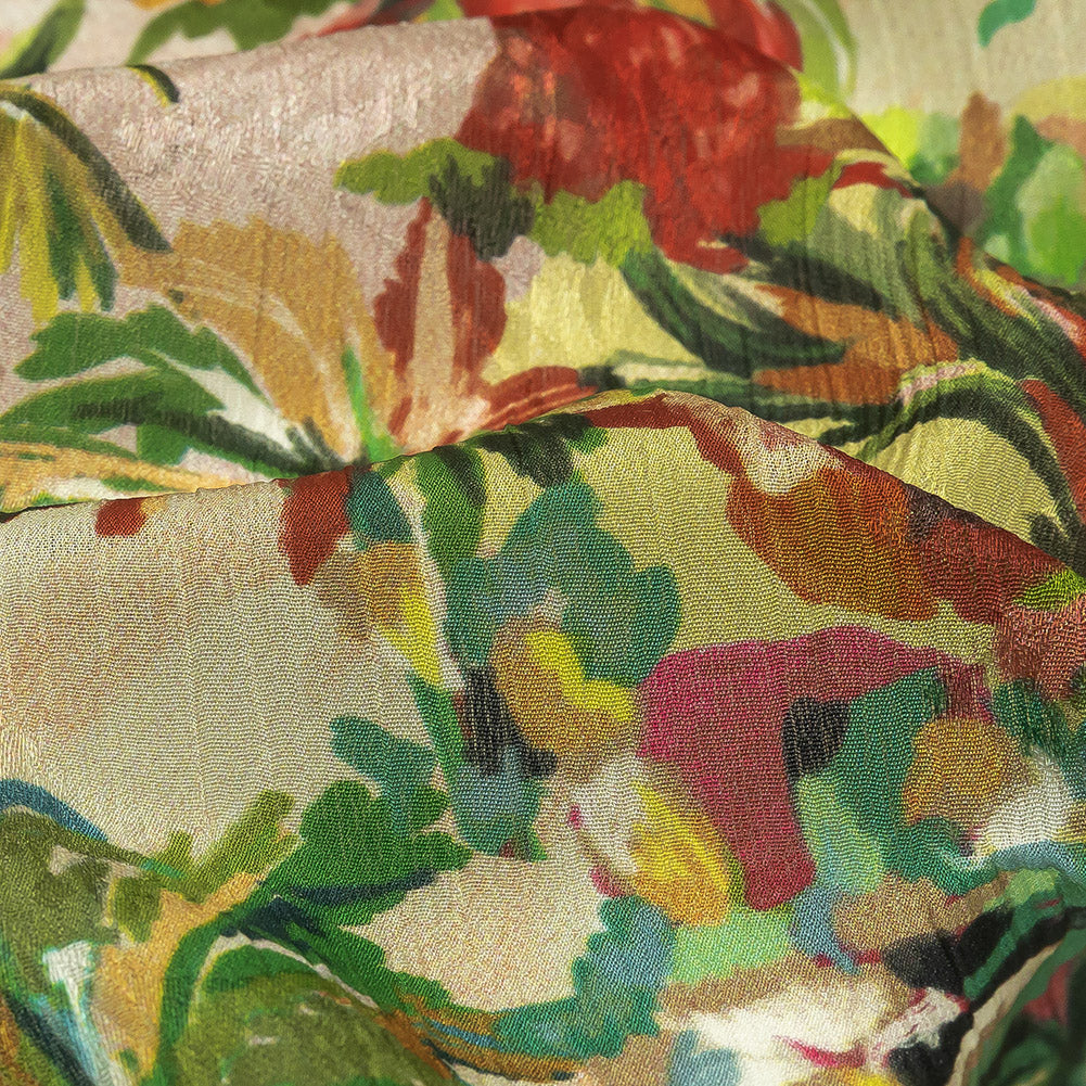 Crinkled Leafy Polyester Jacquard Print - Yellow, Red and Green Palm Trees - Mood Exclusive Beach Babe - Joann Fabrics
