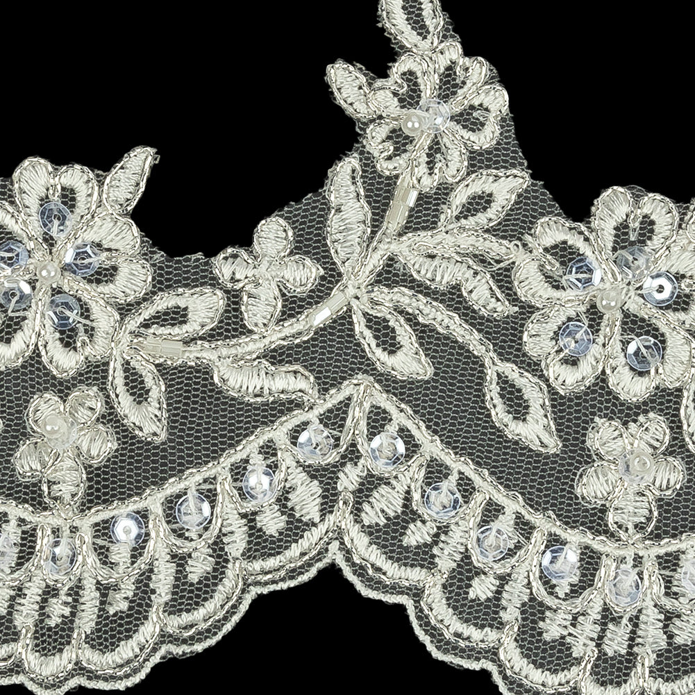 Off White and Metallic Silver Floral and Scalloped Edge Corded Bridal Lace Trim with Sequins and Faux Pearl Beads - 3.5