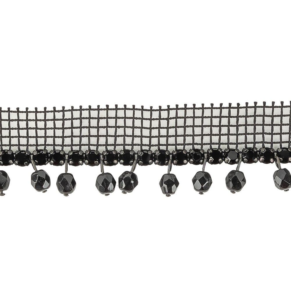 Vintage Jet Circular Rhinestone Trimming on Black Mesh with Faceted Beaded Fringe - 1