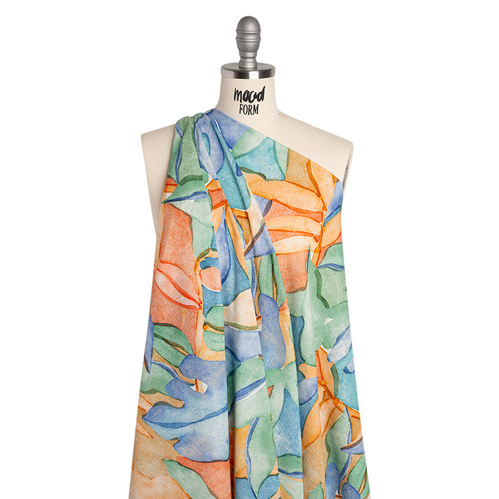 Slubbed Gauzy Cotton Woven - Green, Blue and Orange Watercolor Leaves - Mood Exclusive Cascading Canopy Print - Joann Fabrics