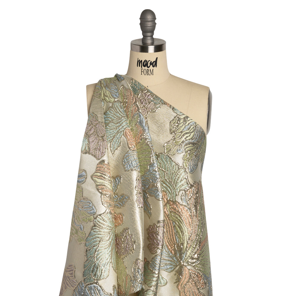 Metallic Silver, Green and Blue Liquid Leaves Luxury Brocade - Joann Fabrics
