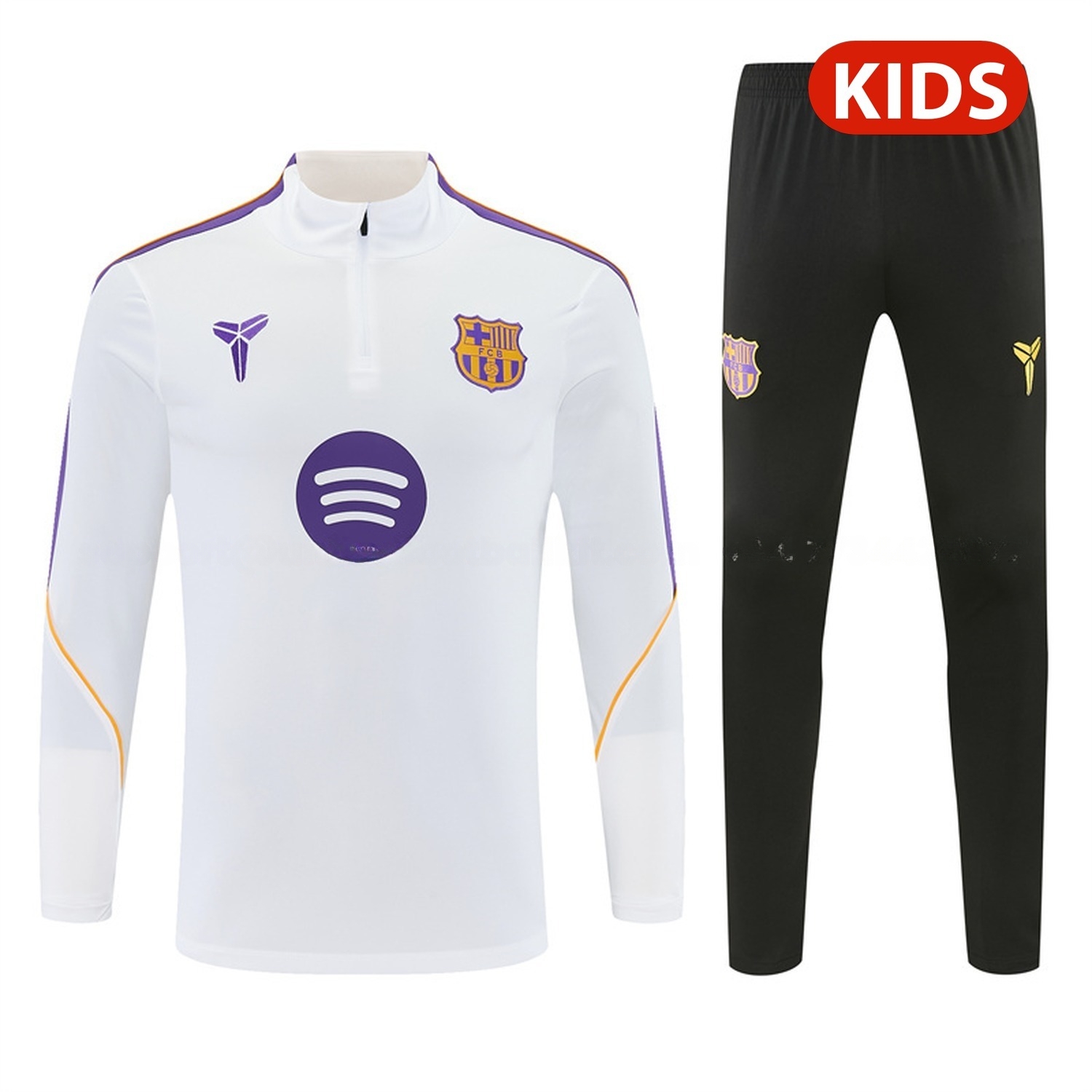 Barcelona 26-27 Purple Trim Kids Long Sleeve Training Set - White Top & Black Pants - UnitedFutballJersey
