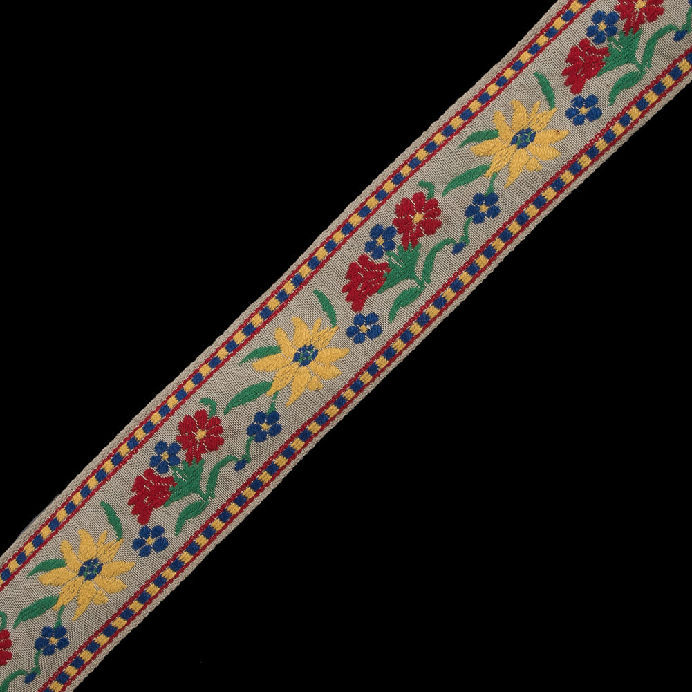 Red, Yellow and Blue Floral Jacquard Ribbon - 1.625