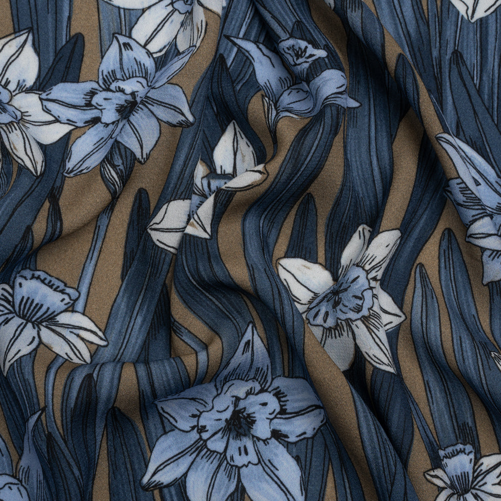 Viscose Crepe Print - Blue and Tan Floral - Mood Exclusive Drenched Daffodils - Joann Fabrics