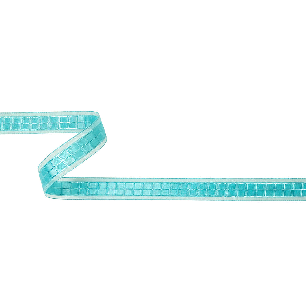 Turquoise Windowpane Checks and Sheer Borders Woven Ribbon - 0.625