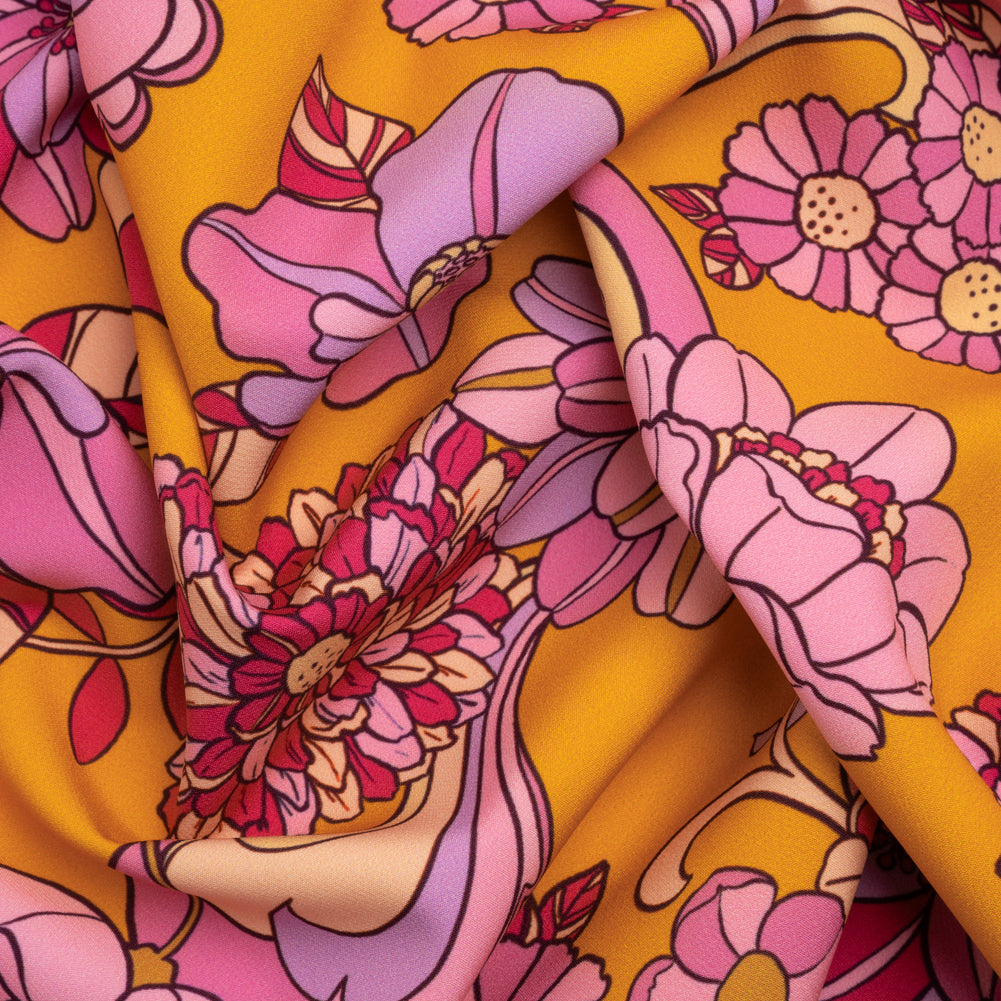 Stretch Polyester Woven Print - Mustart Yellow and Pink Retro Floral - Mood Exclusive Carnation Creative - Joann Fabrics