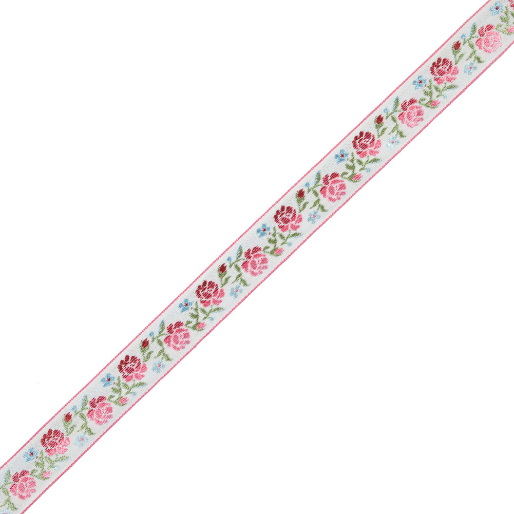 German Pink and Green Floral Jacquard Ribbon - 0.875