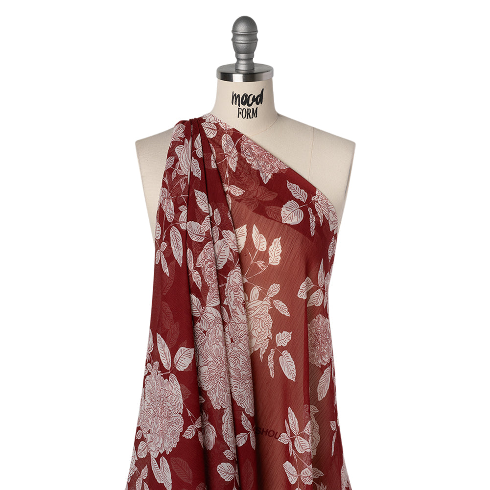 Crinkled Polyester Chiffon Print - Burgundy and White Floral - Designer Deadstock - Joann Fabrics