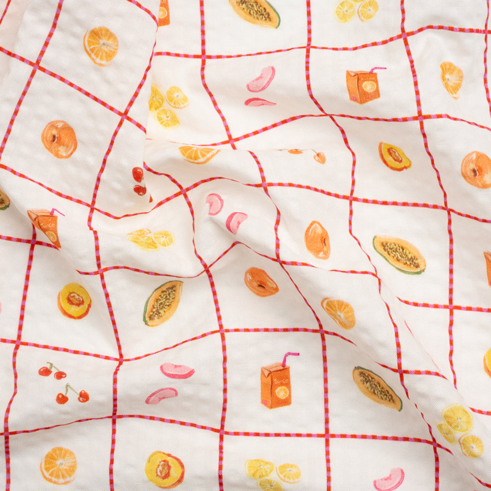 Cotton and Viscose Striped Seersucker Print - White Windowpane Checks and Fruit - Mood Exclusive Fruit Juice Jackpot - Joann Fabrics