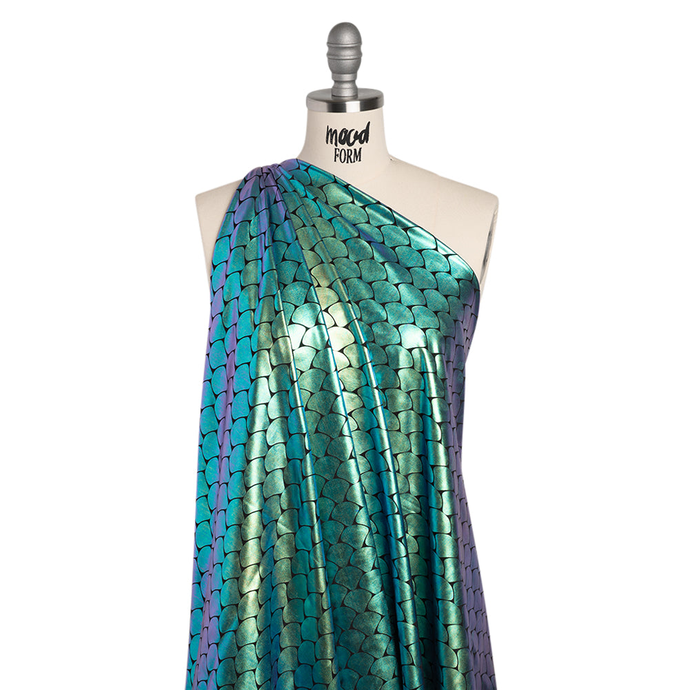 Yaya Han Metallic Foiled Stretch Spandex Polyester Jersey - Aqua Blue and Purple Oil Slick Mermaid Fish Scales on Black - Cosplay Collection - Joann Fabrics