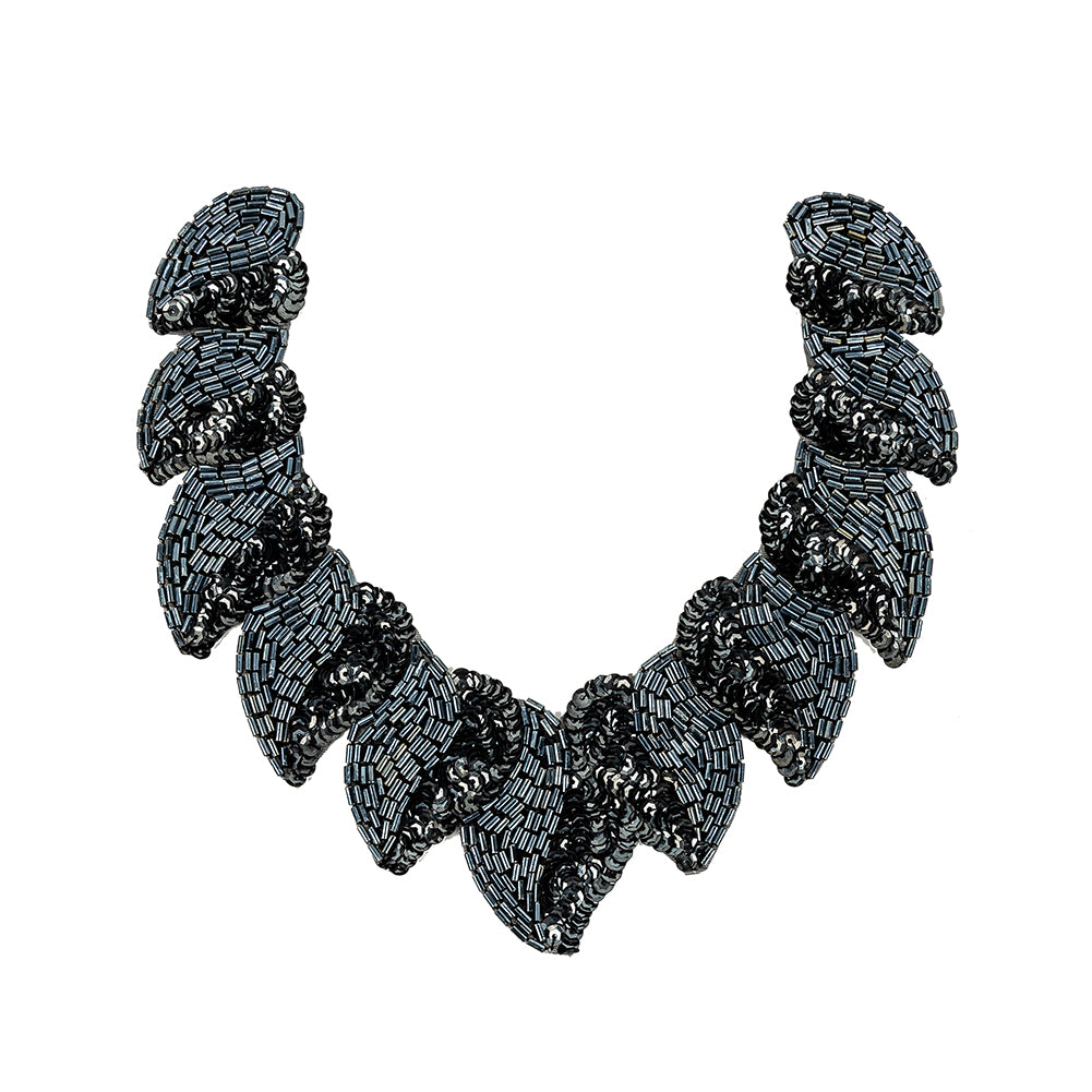Vintage Fancy Gunmetal Sequins and Bugle Beaded Neckline Applique - 7.625