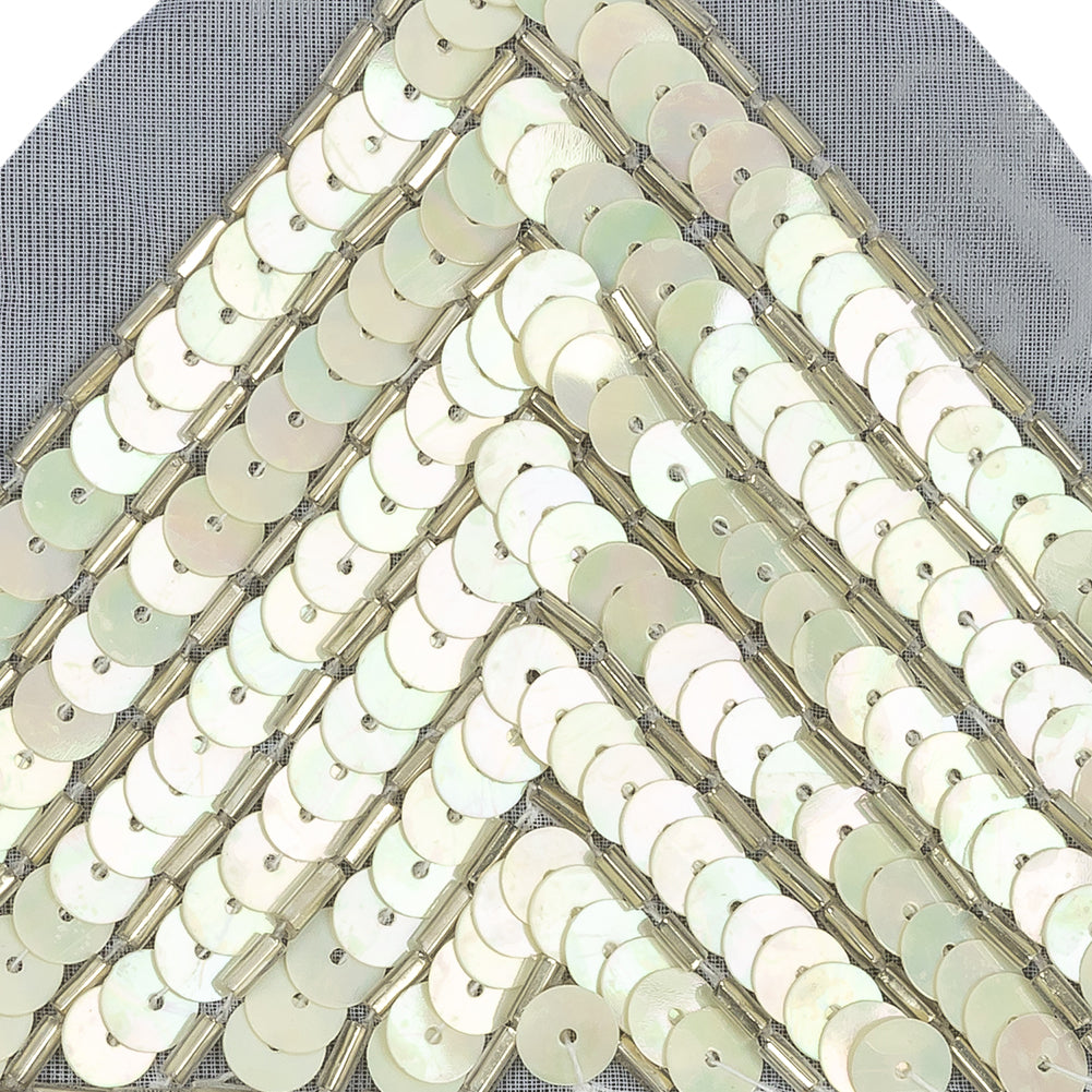 Vintage White Iris and Silver Beaded and Sequined Wide Triangle Applique - 3.25