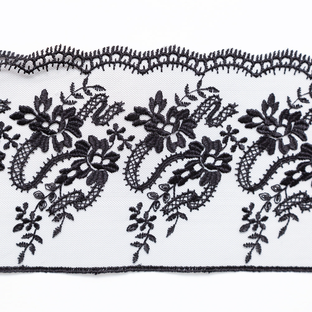 European Black Floral Embroidered Lace on Mesh - 4