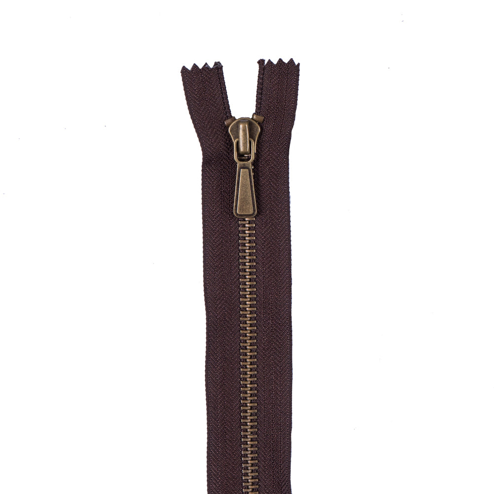 Dark Brown Metal Zipper with Antique Gold Pull and Teeth - 5