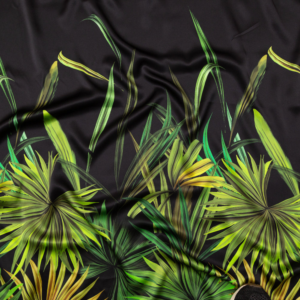 Mood Exclusive Italian Green and Black Palm Leaves Digitally Printed Silk Charmeuse Panel - Joann Fabrics