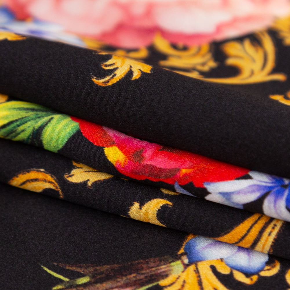 Mood Exclusive Italian Black, Faded Rose and Harvest Gold Ornate Floral Digitally Printed Silk Charmeuse - Joann Fabrics