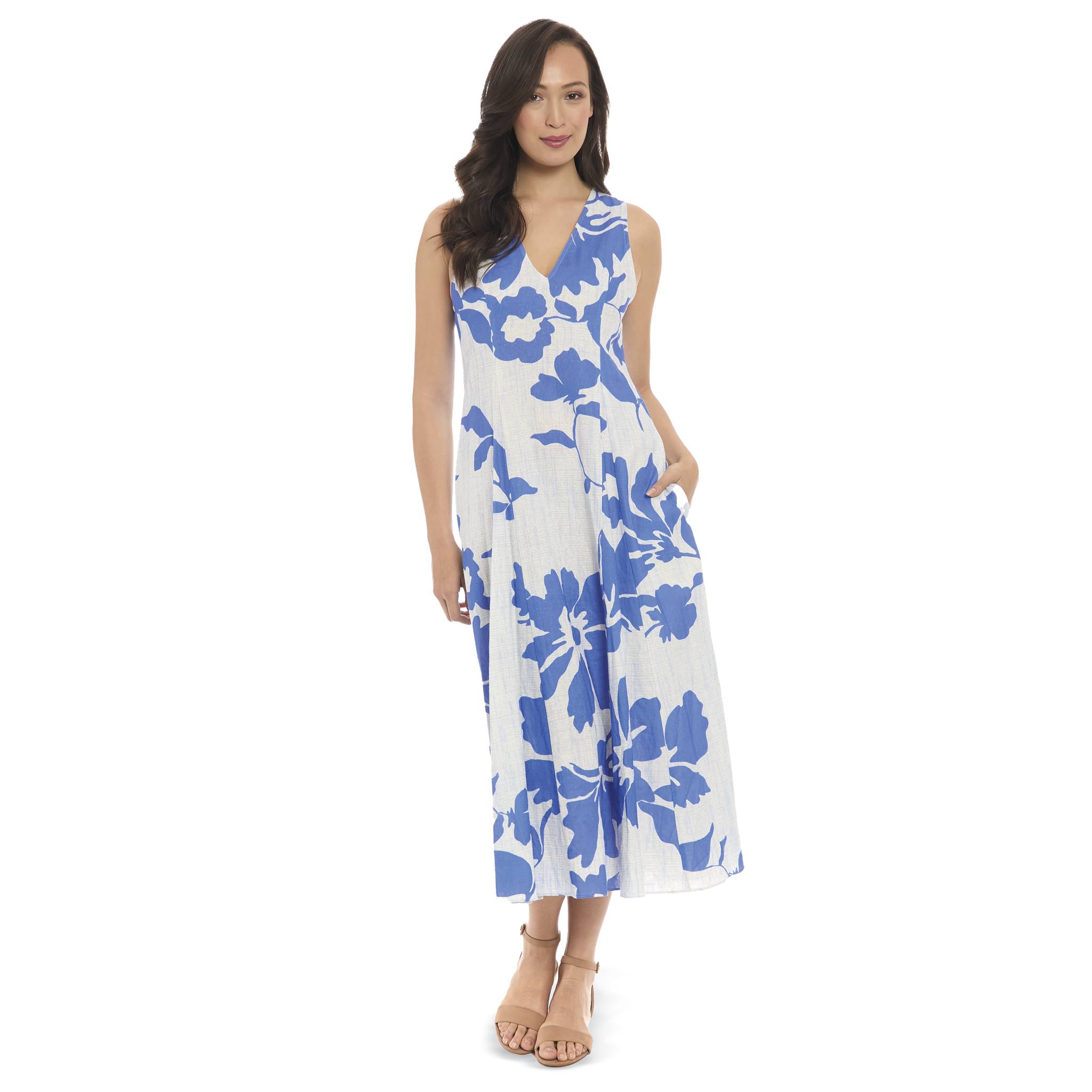 Blue Poppy Maxi Dress, Breezy Linen Blend, Pull On, Lightweight, Pockets - Northstyle Catalog