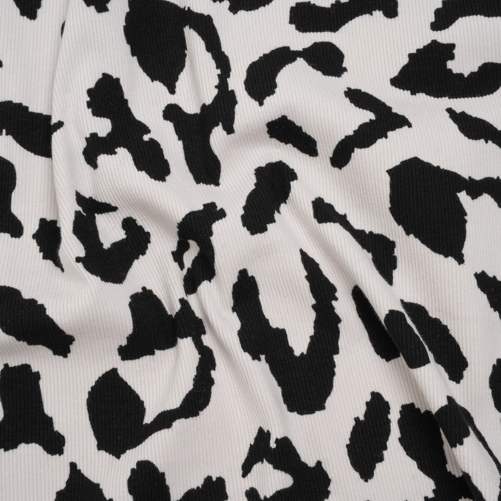 Stretch Cotton 2x2 Rib Knit Print - Black and White Big Leopard Spots - Deadstock - Joann Fabrics