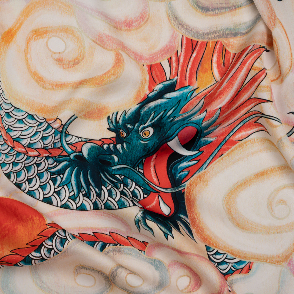 Polyester Satin - Red, Blue Green and Orange Eastern Dragon in Clouds - Mood Exclusive Skybound Scales Print - Joann Fabrics