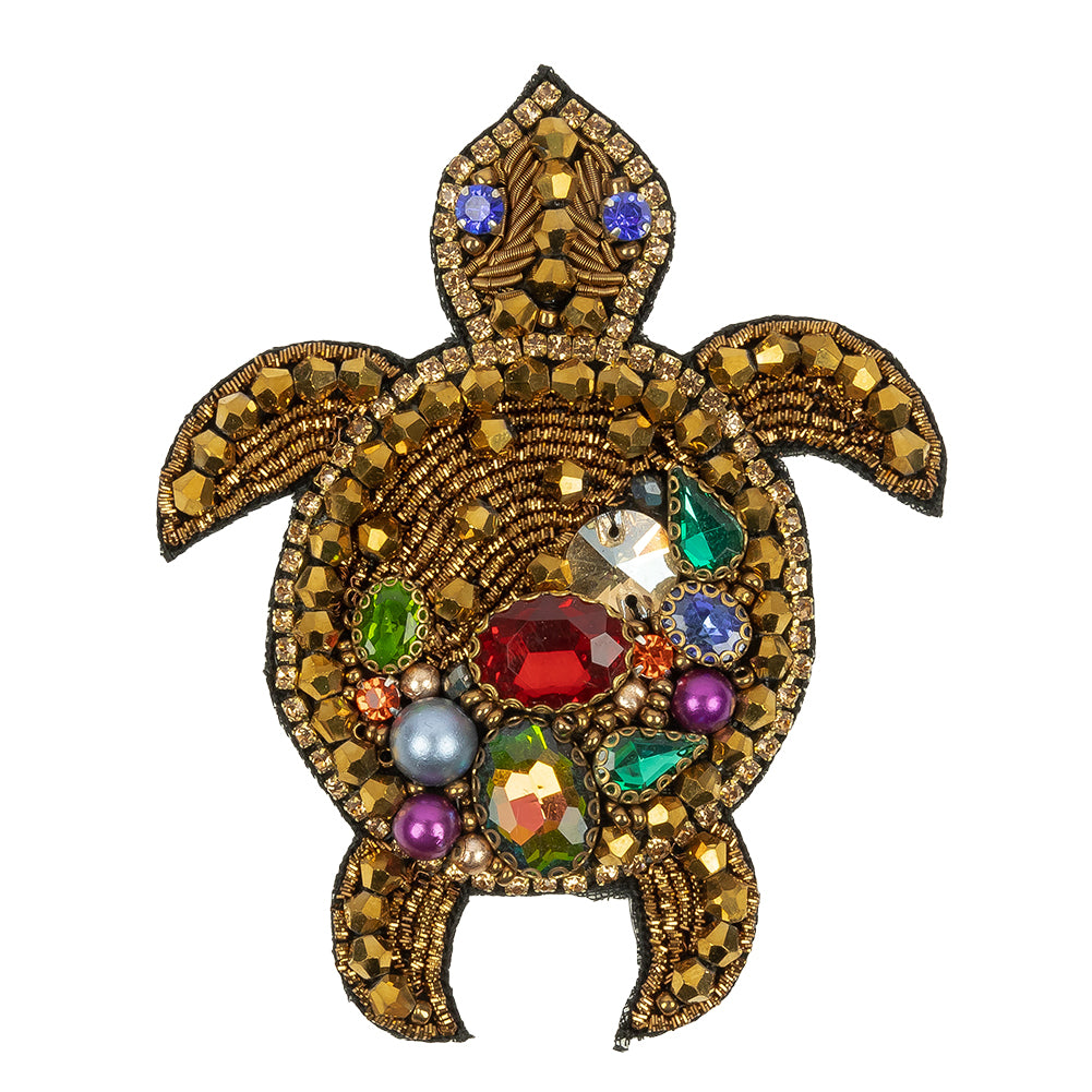 Metallic Gold and Multicolor Sea Turtle Rhinestones and Glass Beaded Applique - 3.5