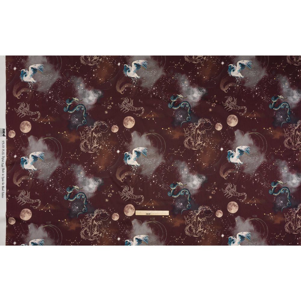 Stretch Cotton Sateen - Burgundy Celestial Birds - Apollo's Disguise Burgundy Print - Mood Exclusive Gaia Collection - Joann Fabrics
