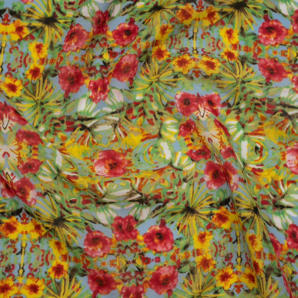 Silk and Cotton Voile Print - Bright Pink, Yellow and Light Blue Tropical Flower Medallions - Deadstock - Joann Fabrics