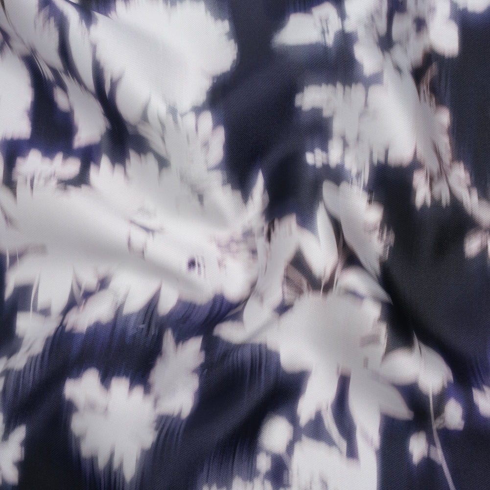 Polyester Mikado - Navy and White Ikat Floral Silhouettes - Mood Exclusive Glowscape Garden Print - Joann Fabrics