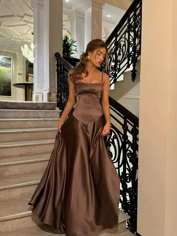 Simple Brown Spaghetti Straps A Line Prom Dress Party Dress SH1379