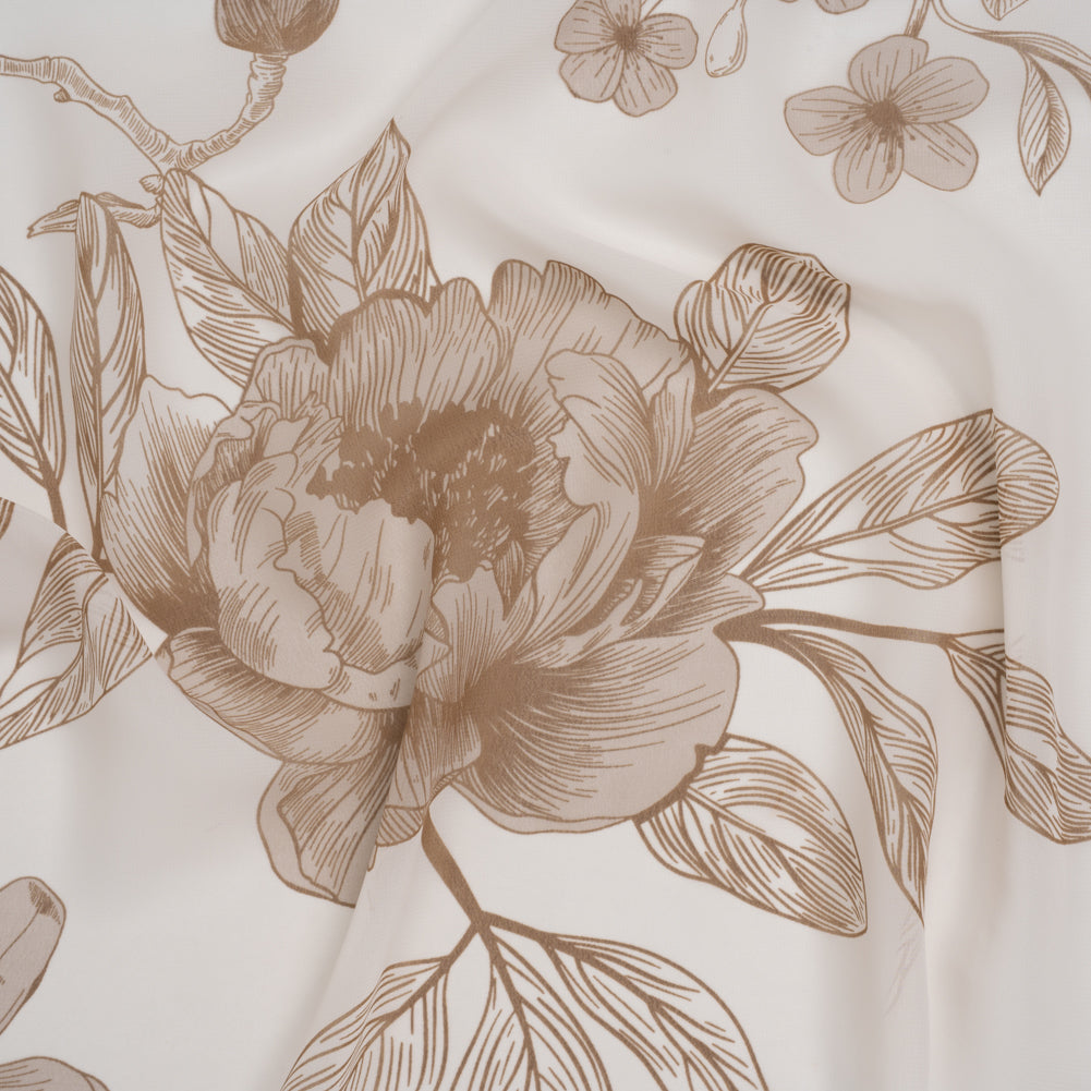 Polyester Chiffon Print - Cream and Mocha Brown Big Roses - Designer Deadstock - Joann Fabrics