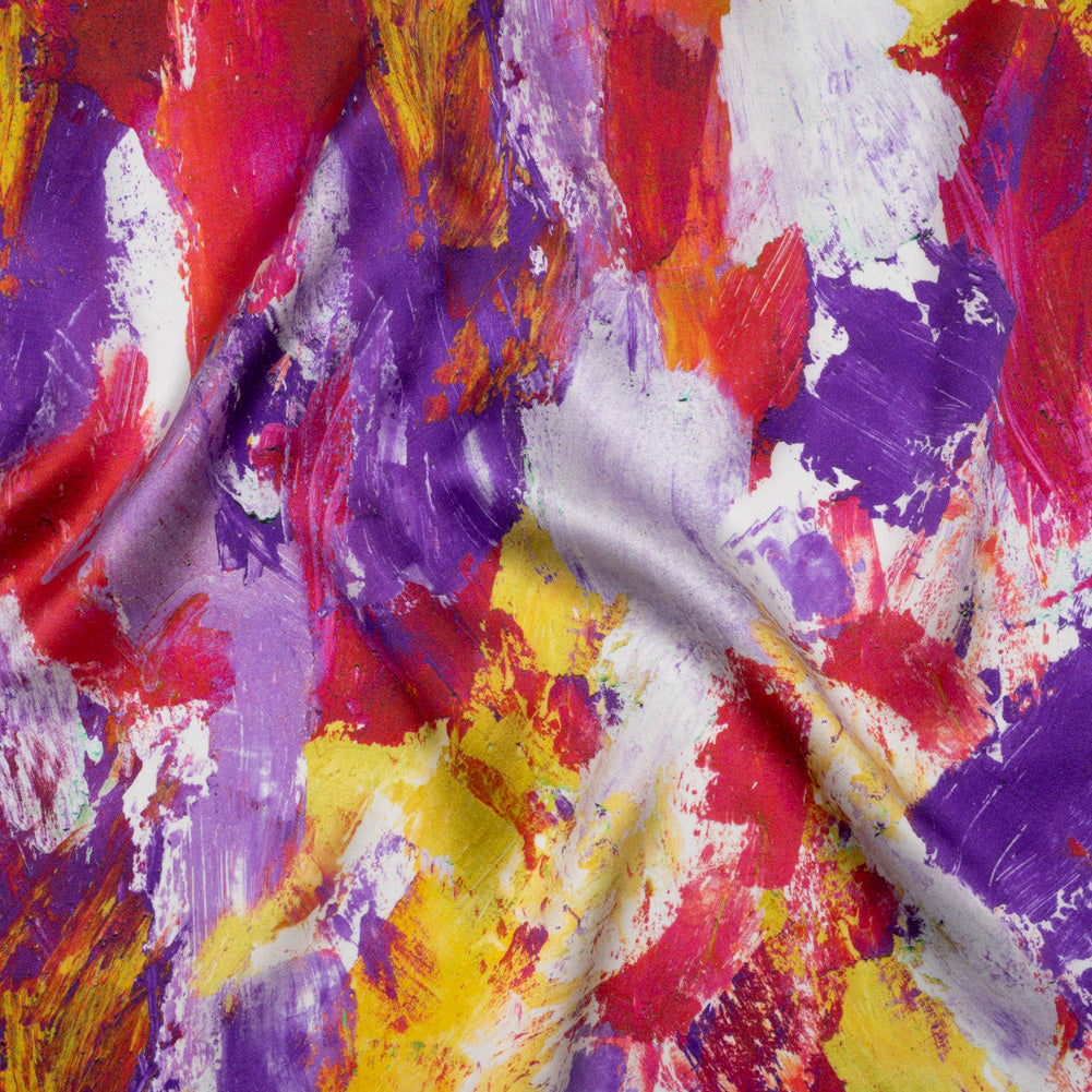 Silk Charmeuse Print 16MM, Made in Italy - Purple, Hot Pink and Yellow Abstract Brushstrokes - Joann Fabrics
