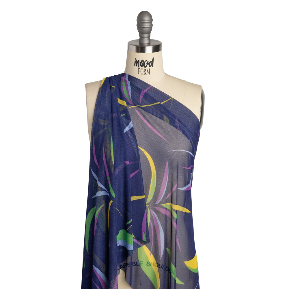 Polyester Stretch Mesh - Navy Blue, Purple and Green Leaf Party - Designer Deadstock - Joann Fabrics