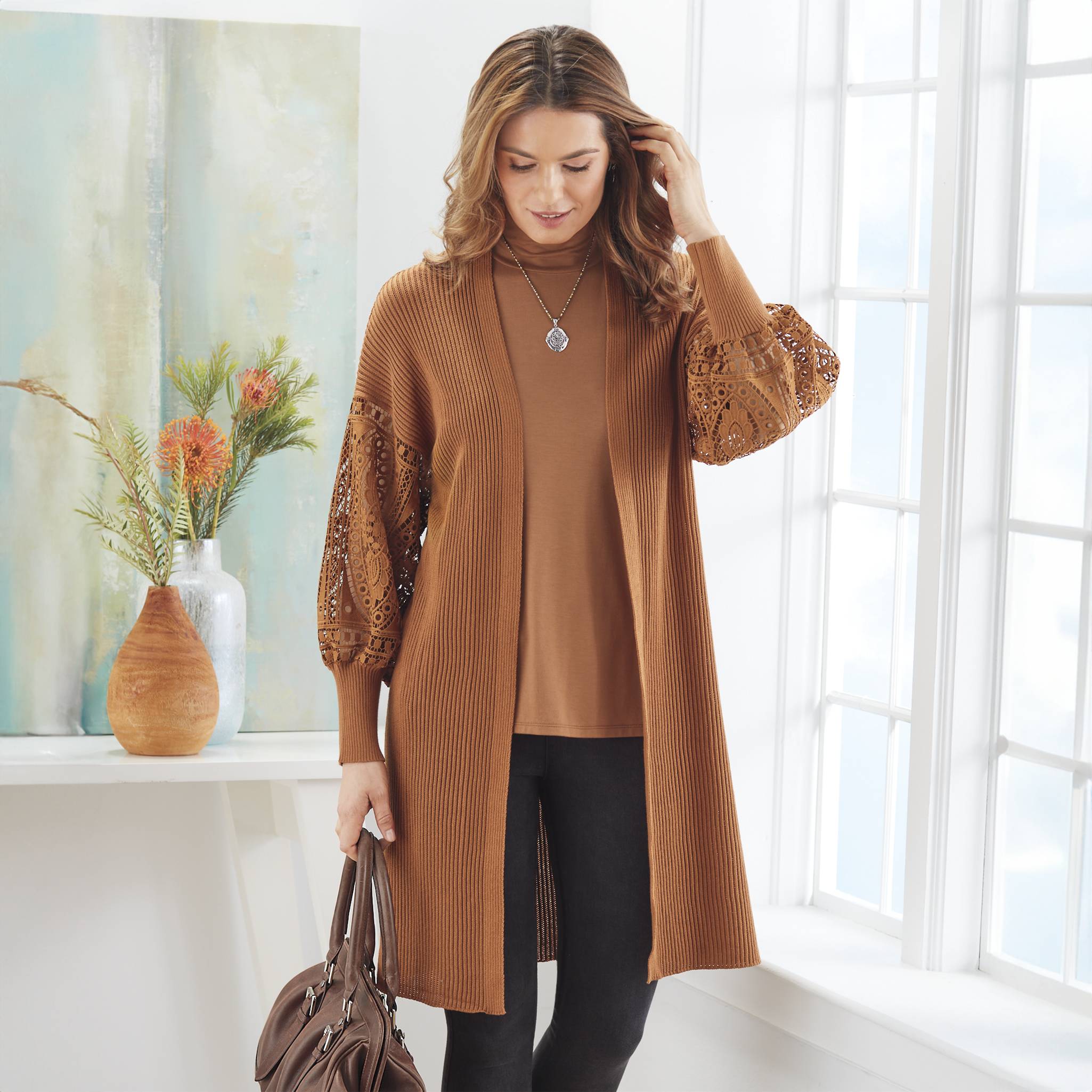 Lace-Sleeve Long-Length Cardigan, Rib Knit, Open Front - Northstyle Catalog