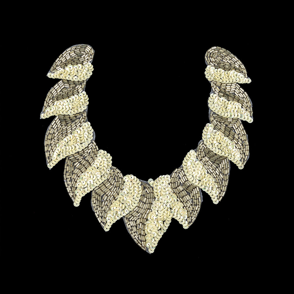 Vintage Fancy White Sequins and Bugle Beaded Neckline Applique - 7.625