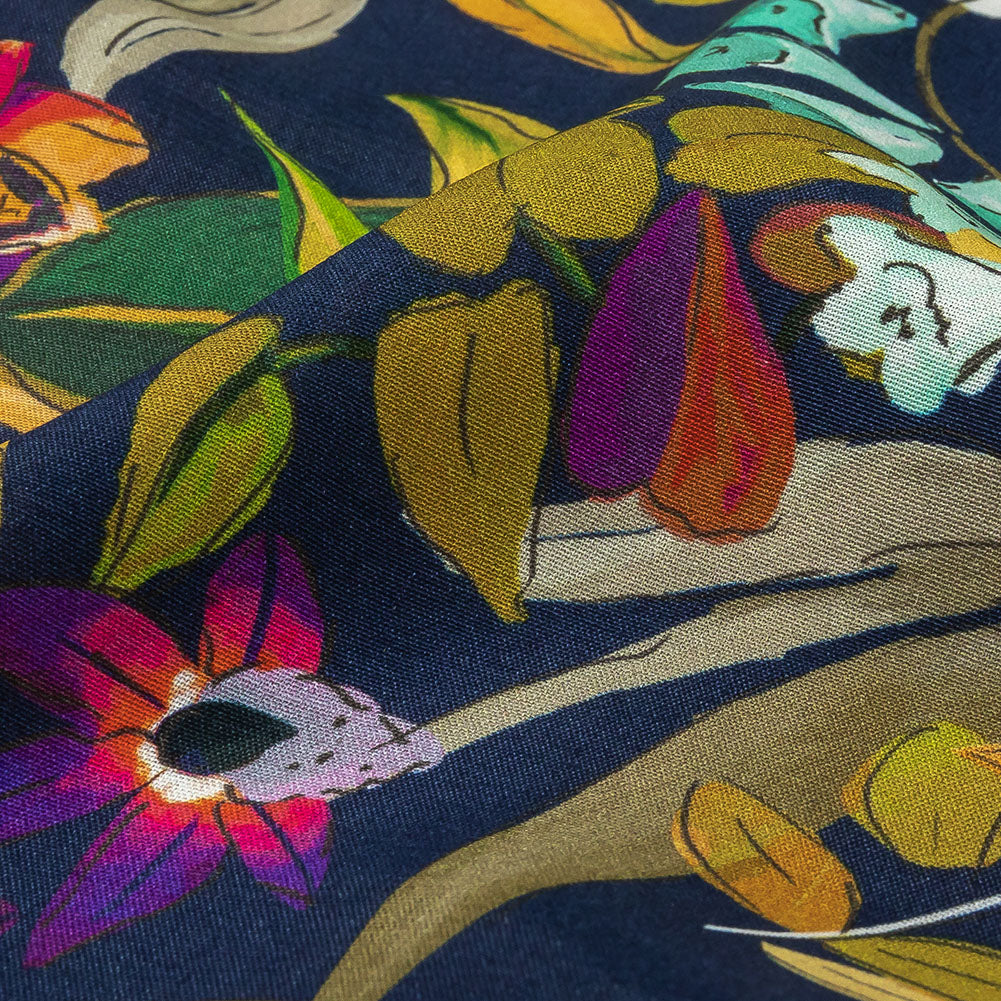 Sustainable Viscose Woven Print - Navy Blue, Green and Purple Floral - Mood Exclusive Tropics at Twilight - Joann Fabrics