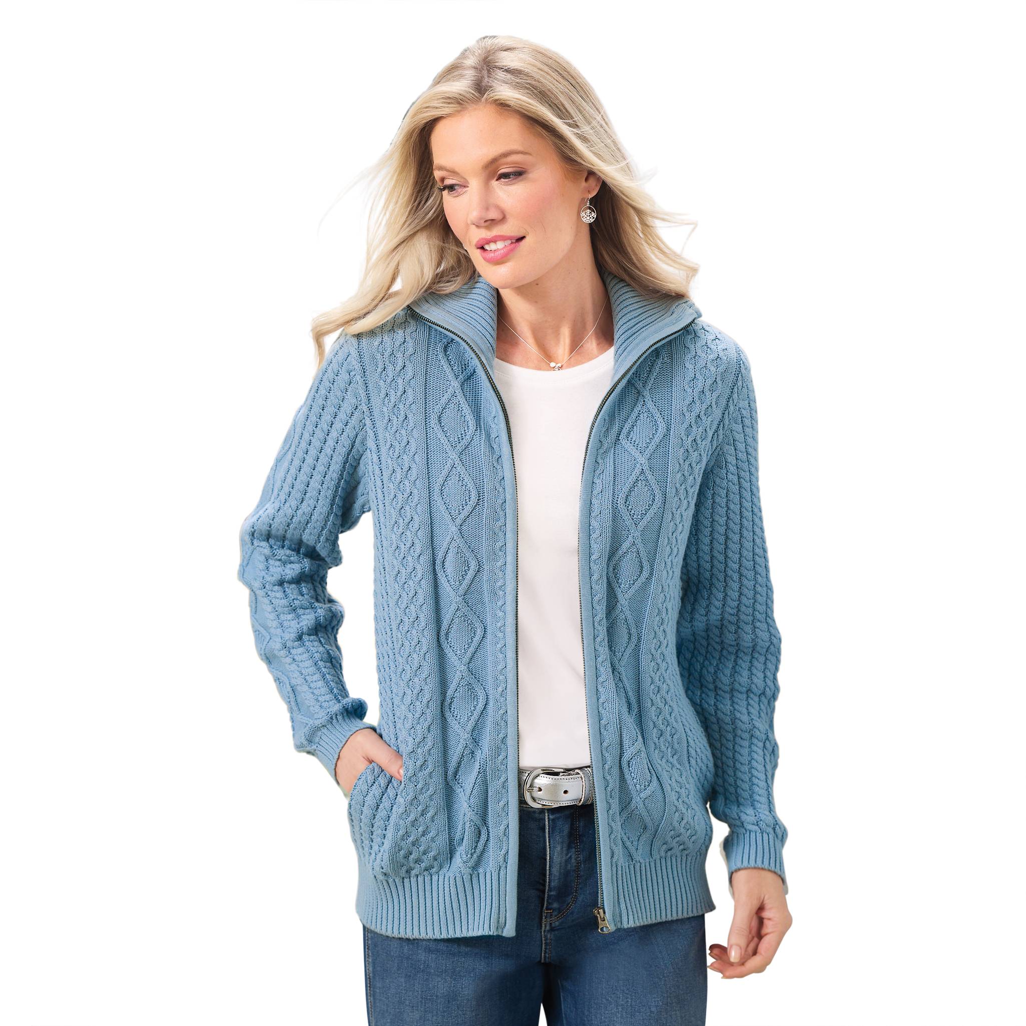Cotton Diamond-Cable Zip Cardigan, Side Pockets - Northstyle Catalog