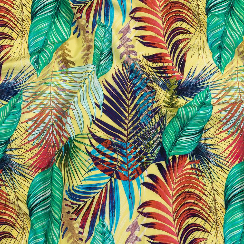 Yellow, Teal and Pink Foliage UV Protective Compression Swimwear Tricot with Aloe Vera Microcapsules - Joann Fabrics